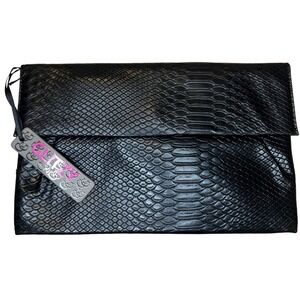 NWT Women's Glam Rock Black Faux Snakeskin Fold Over Clutch with Chain Included
